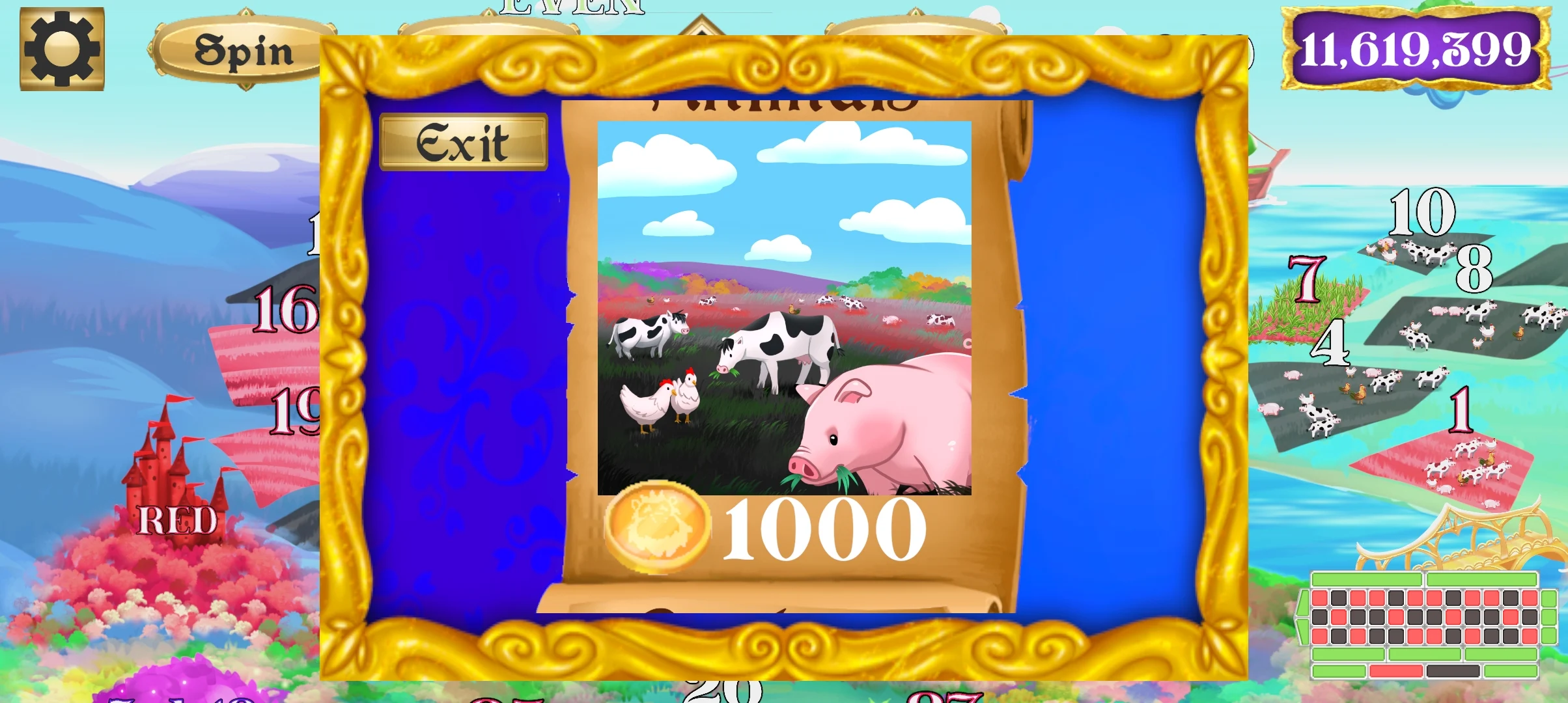 Ornate animals page showing cows, pigs, and chickens on parchment-style panels.