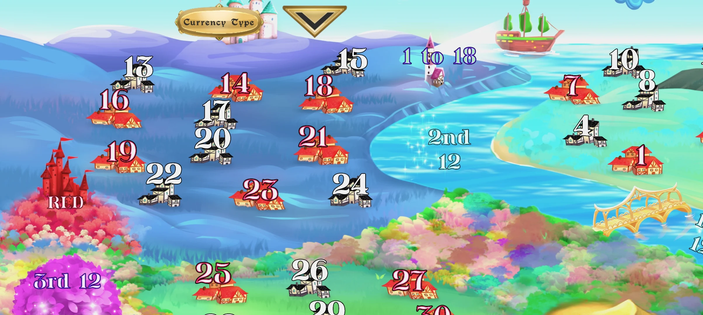 Overhead view of the kingdom map with numbered plots, a castle, and a ship.