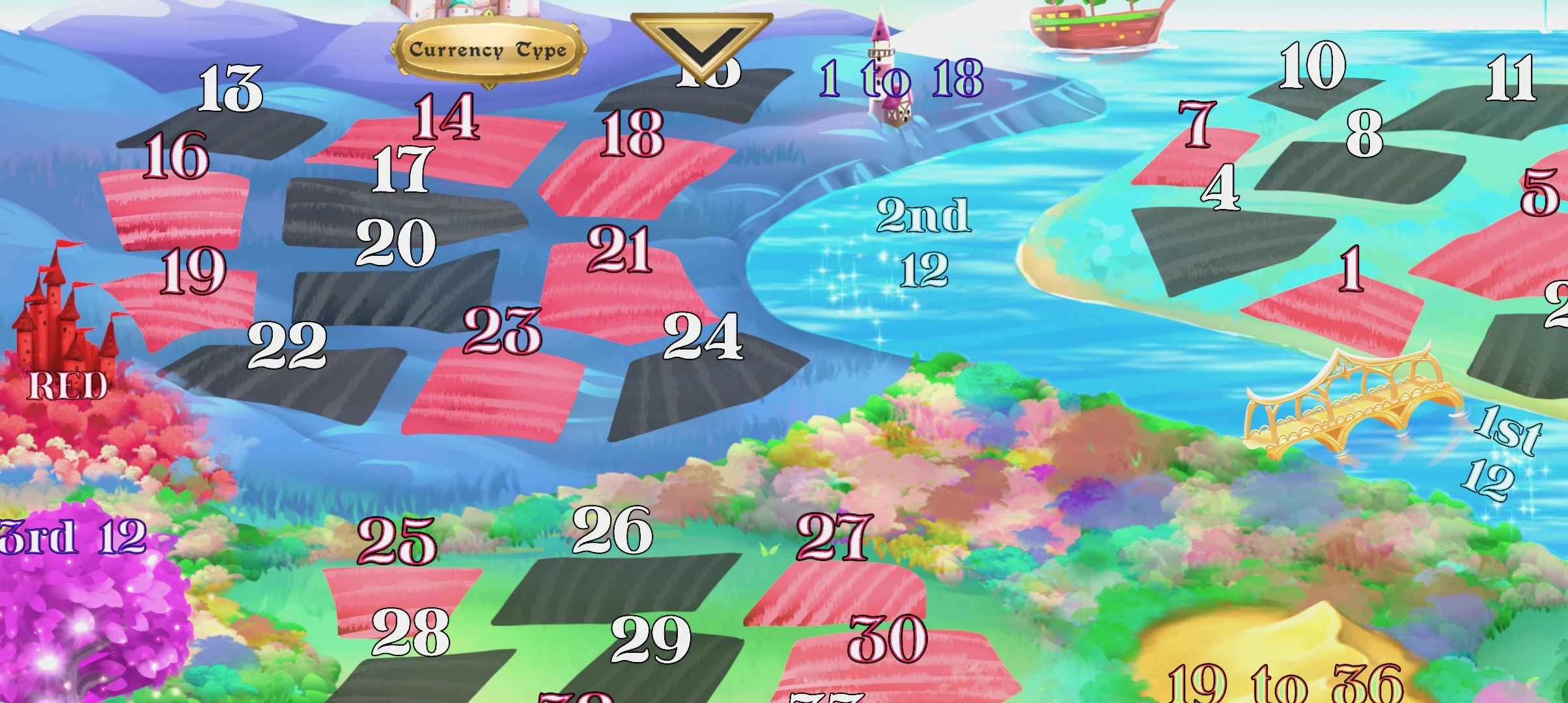 Close-up of the red and black numbered roulette fields across the kingdom.