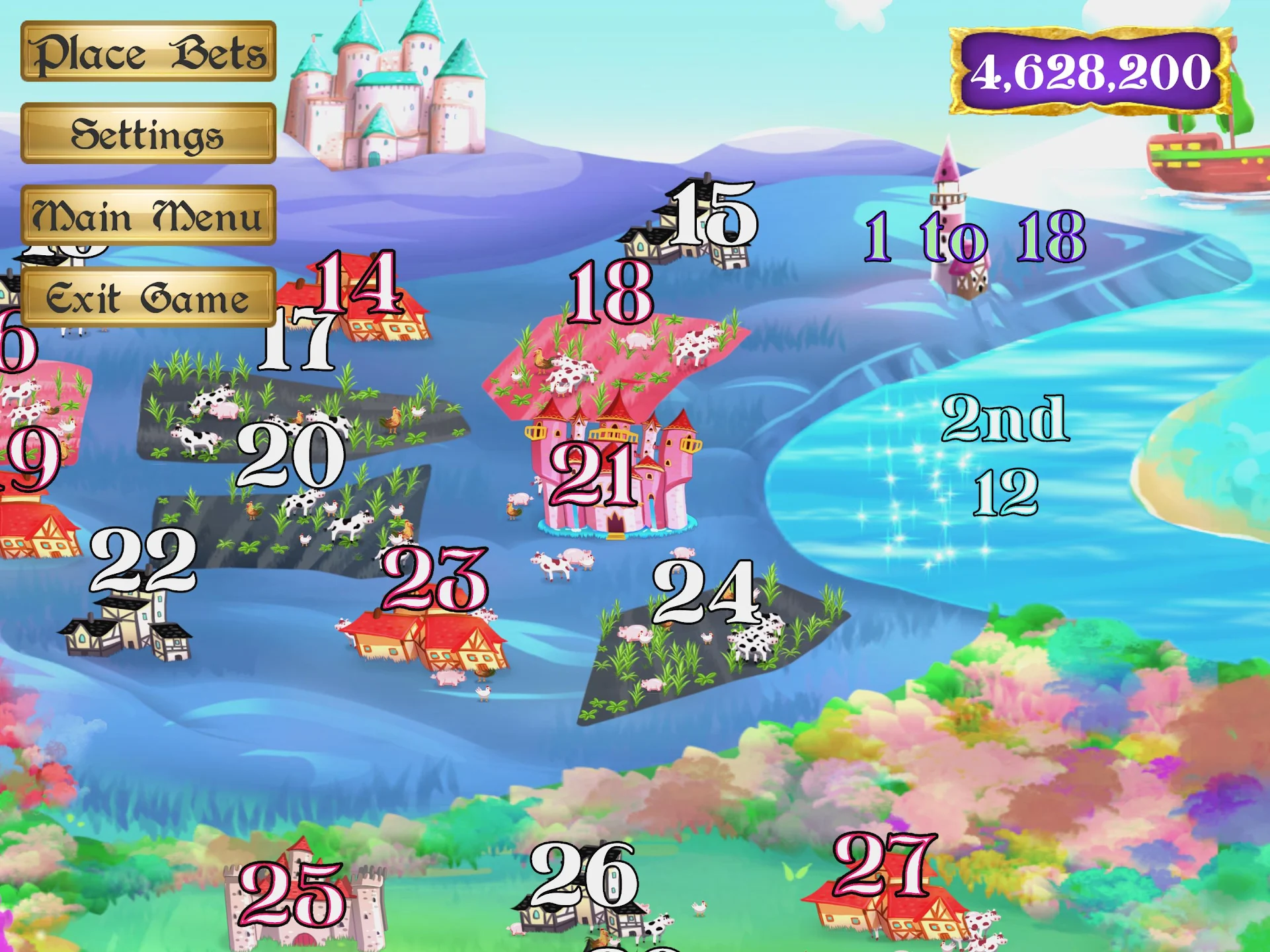 Kingdom view featuring a pink palace, a stone castle, and the in-game menu.